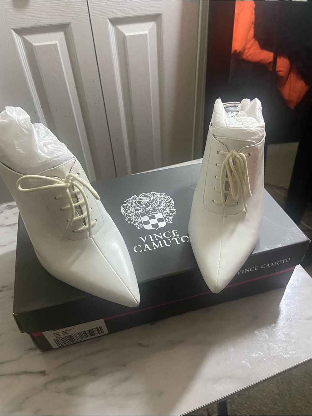 Vince Camuto White Pointed Lace-Up Ankle Heels